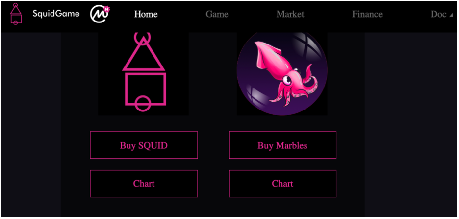 Image of the Squid token's web site. Has a pink squid and buttons to buy squid and marbles